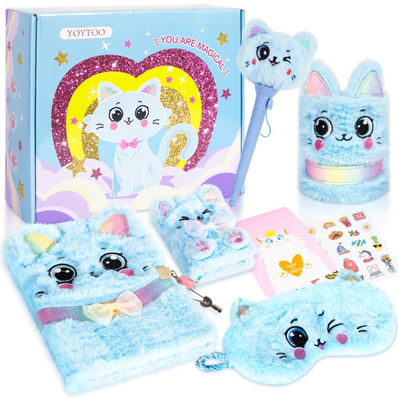 YOYTOO Cat Gifts for Girls  Kids Cat Plush Toys with Secret Diary  Ballpoint Pen  Eye Mask  Pen Holder  Stickers  Christmas Birthday Gifts for Little Girls Age 5 6 7 8 9 10-12 Years Old - Image 1